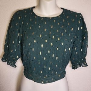 Boden Cropped Metalic Smocked Top in Green and Gold size 6